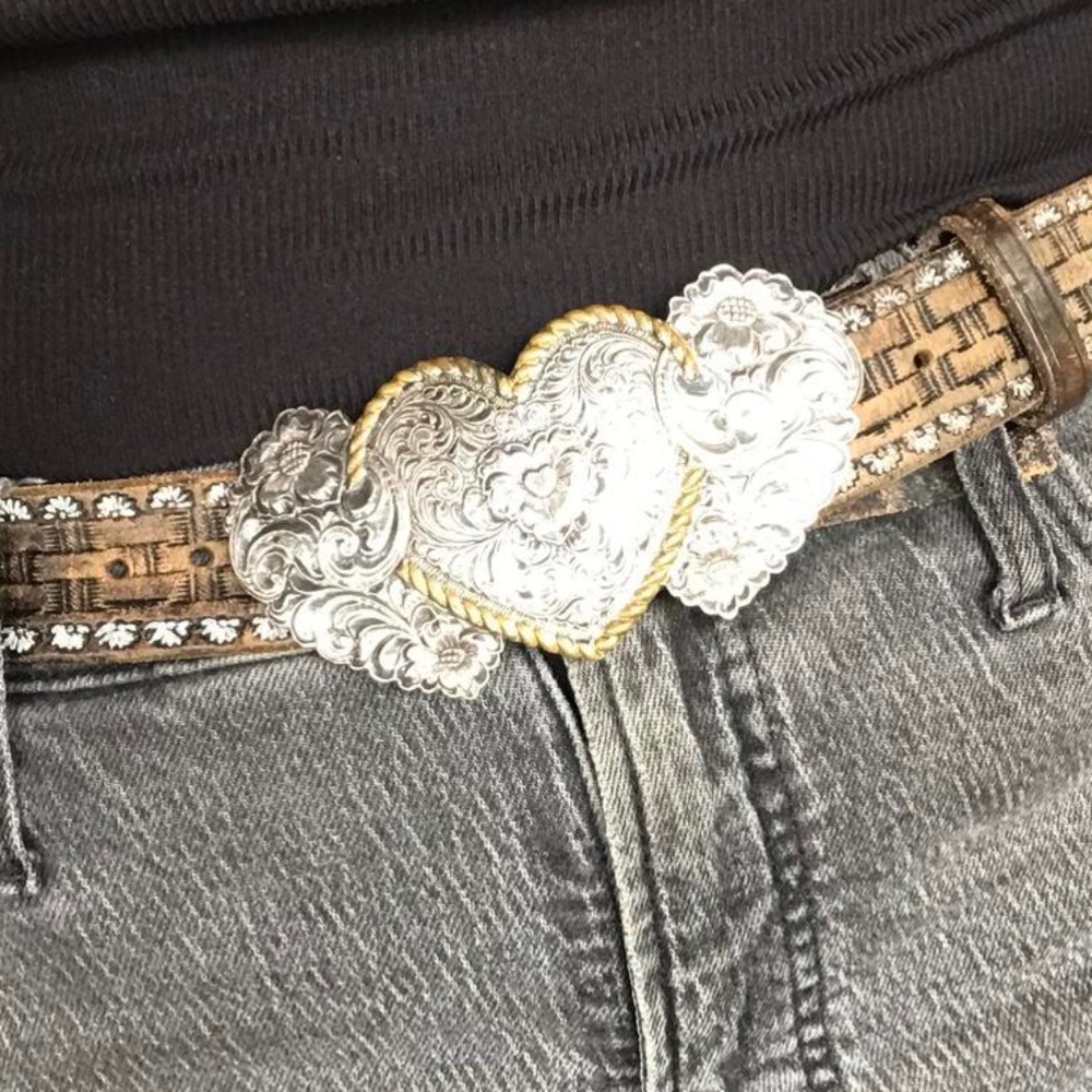 Vintage Crumrine triple heart belt buckle - silver and gold filigree